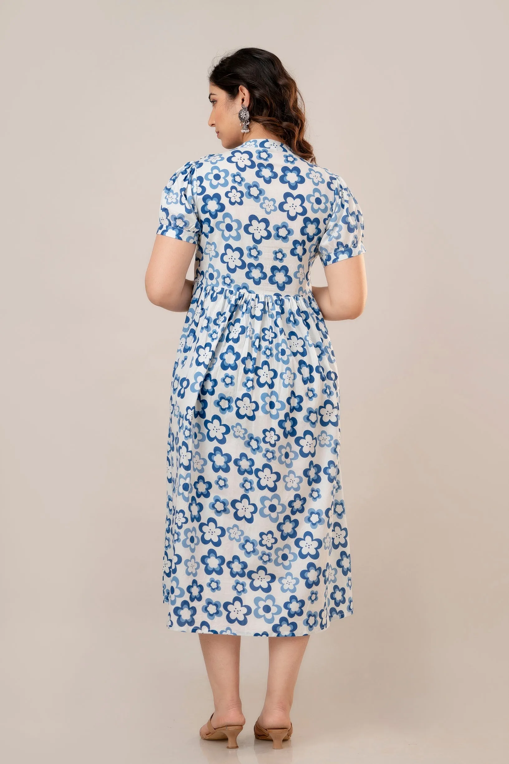 White & Blue Cotton Floral Print Maternity Dress