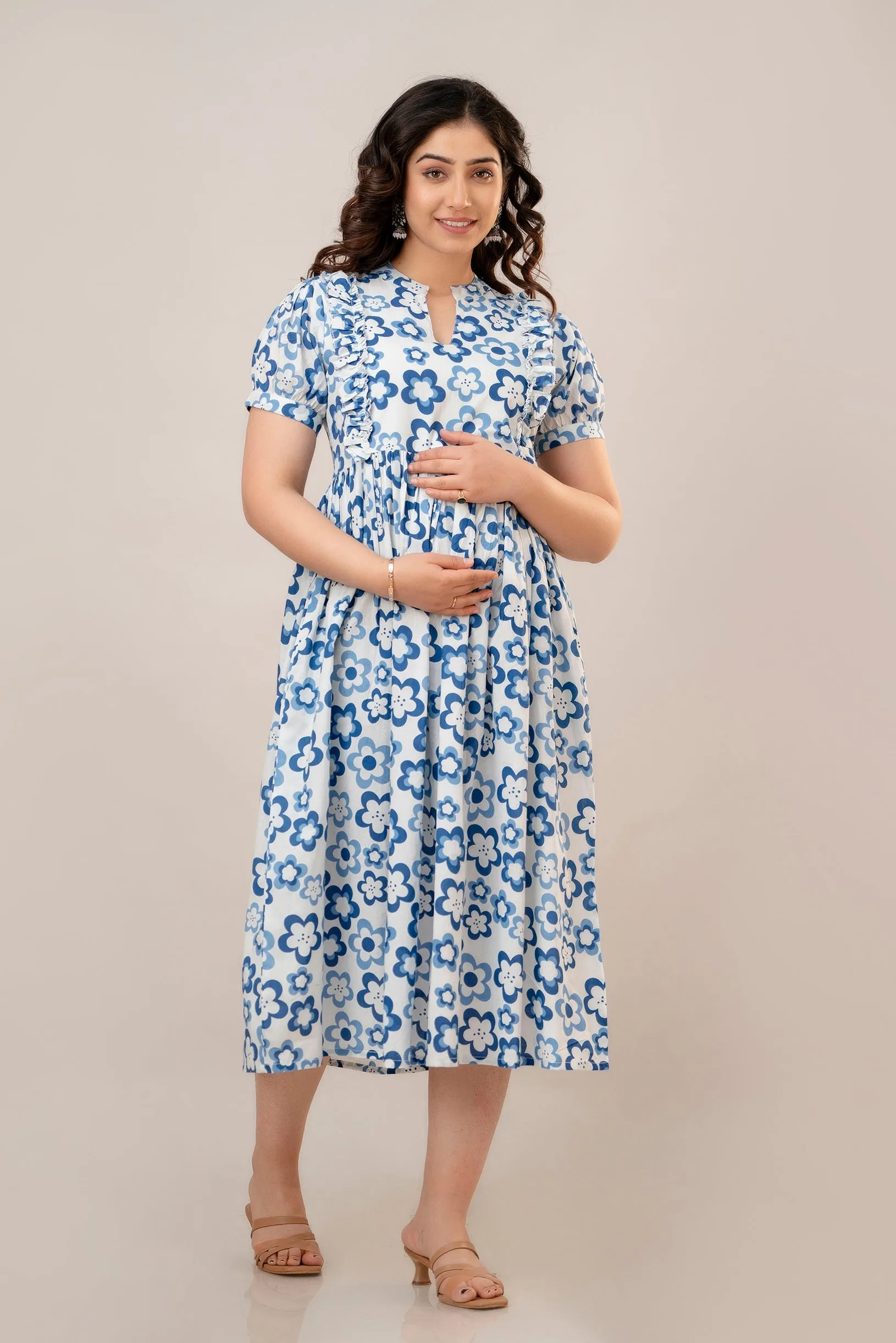 White & Blue Cotton Floral Print Maternity Dress