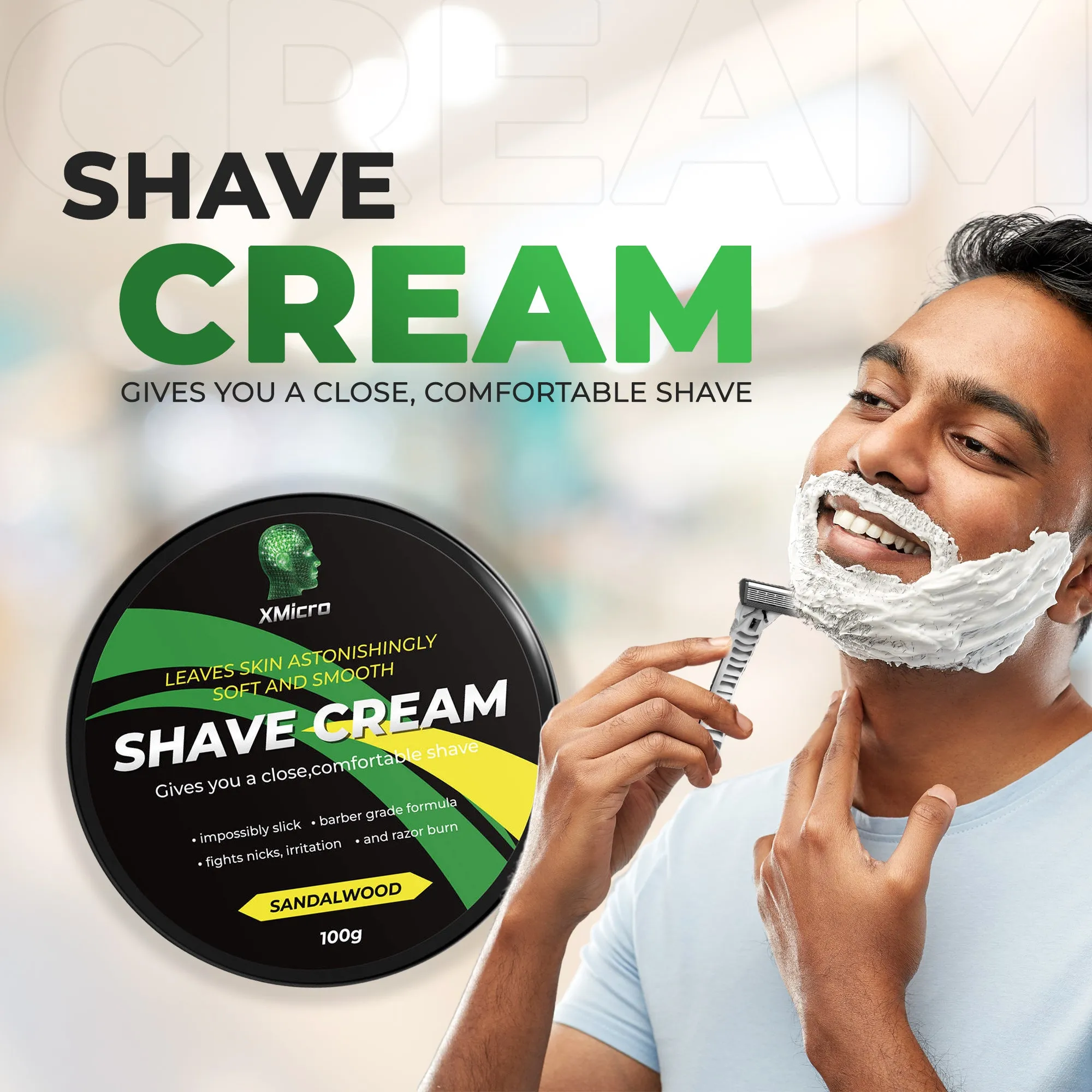 XMicro Barber Grade Sandalwood Shave Cream, Astonishingly Soft and Smooth Ultra-Slick Shaving Cream Fights Nicks, Cuts, and Razor Burn 4FL Oz