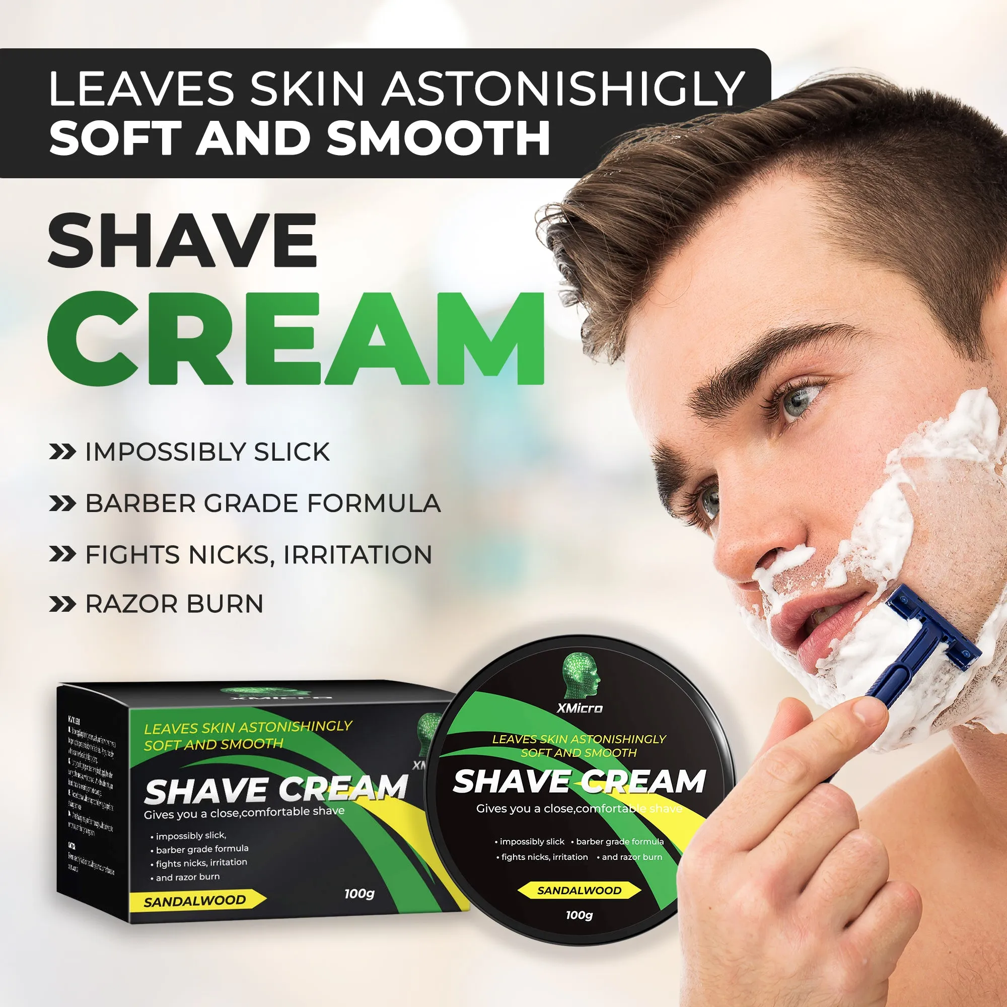 XMicro Barber Grade Sandalwood Shave Cream, Astonishingly Soft and Smooth Ultra-Slick Shaving Cream Fights Nicks, Cuts, and Razor Burn 4FL Oz