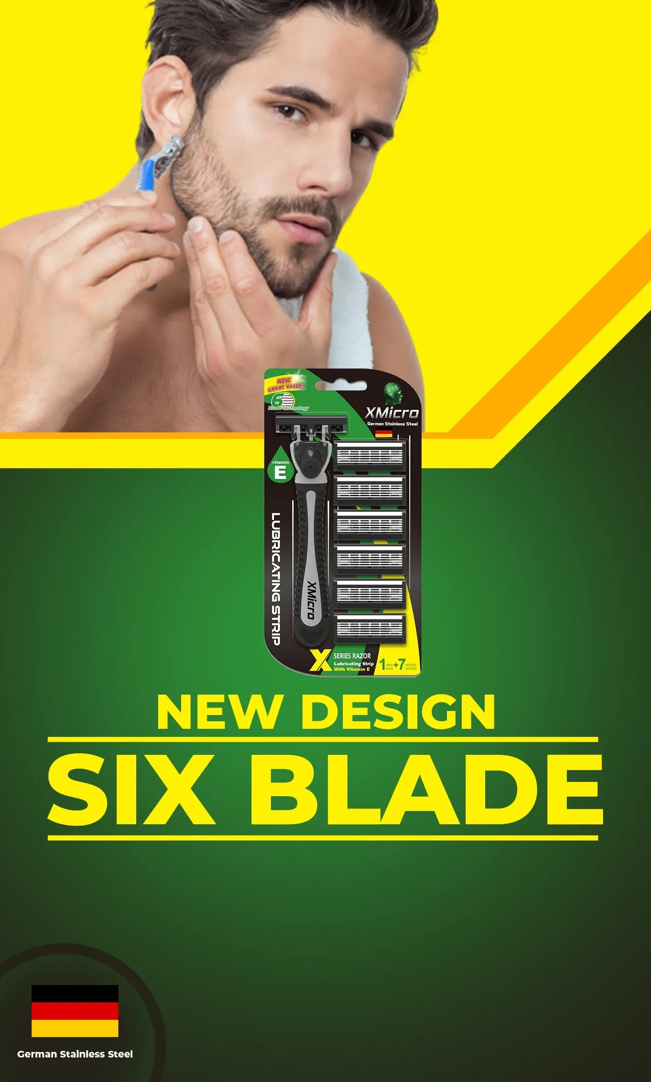 XMicro Razors For Men & Women, 1 Razor, 7 Blade Refills With German Stainless Steel, Lubricated With Vitamin E For Smooth Shave, Shields Against Irritation, Version X