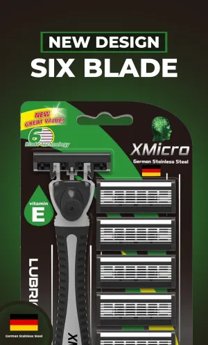 XMicro Razors For Men & Women, 1 Razor, 7 Blade Refills With German Stainless Steel, Lubricated With Vitamin E For Smooth Shave, Shields Against Irritation, Version X
